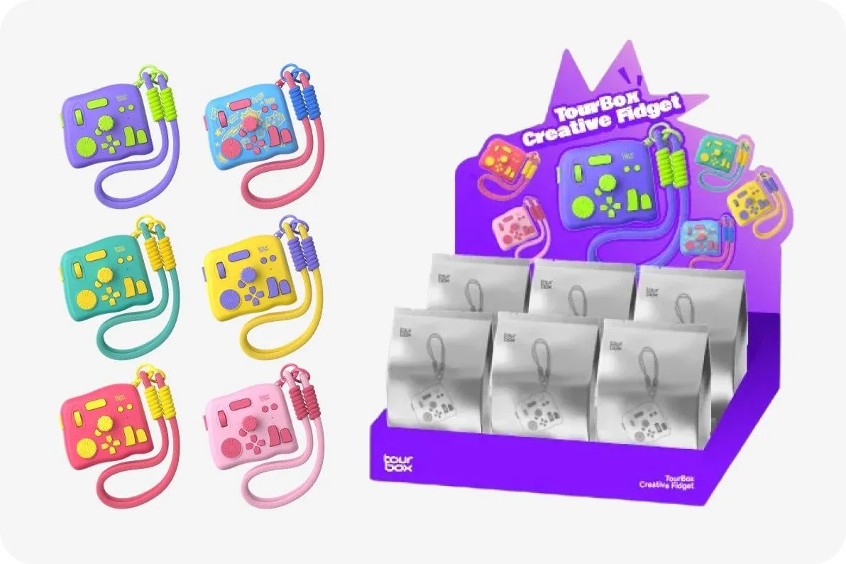 さまざまな色の TourBox Creative Fidget のディスプレイと、個別の Fidget の写真。