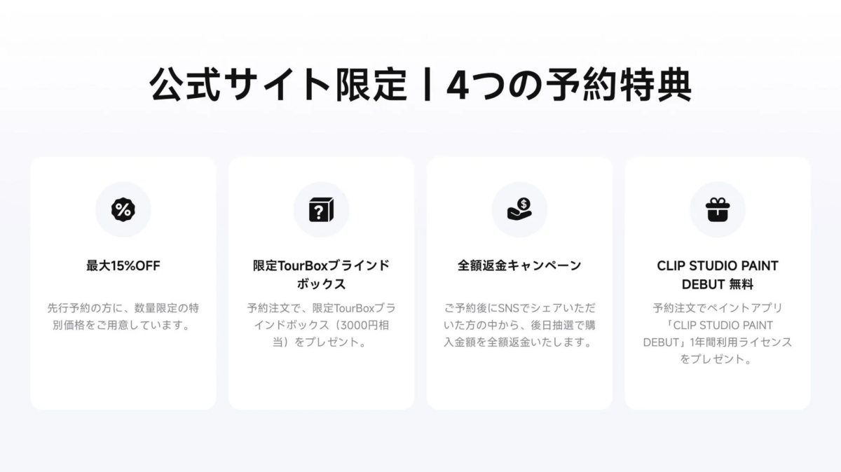 公式ウェブサイト限定の4つの予約特典を紹介する画像。