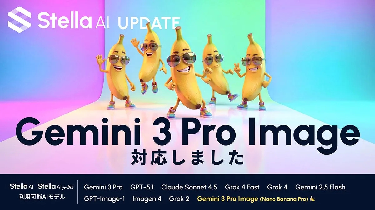 Gemini 3 Pro Image (Nano Banana Pro) 対応を告知するバナナのキャラクター