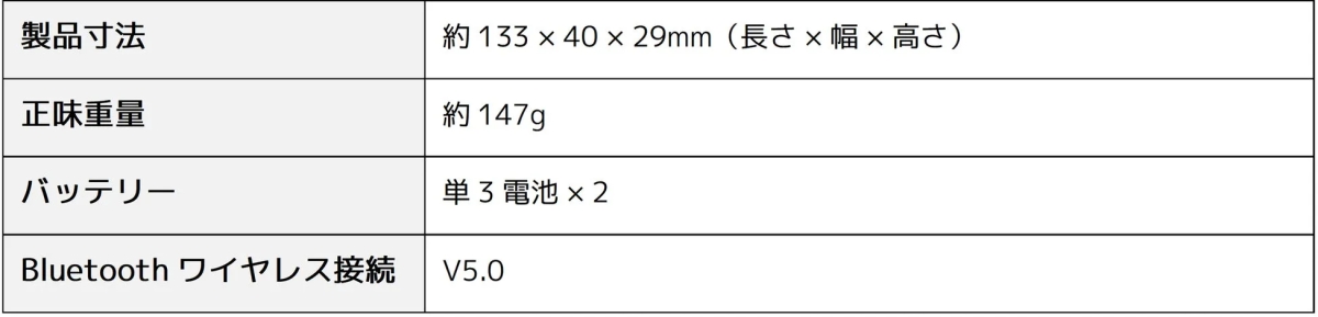 製品の寸法、重量、バッテリー、Bluetooth接続に関する情報が記載された画像。