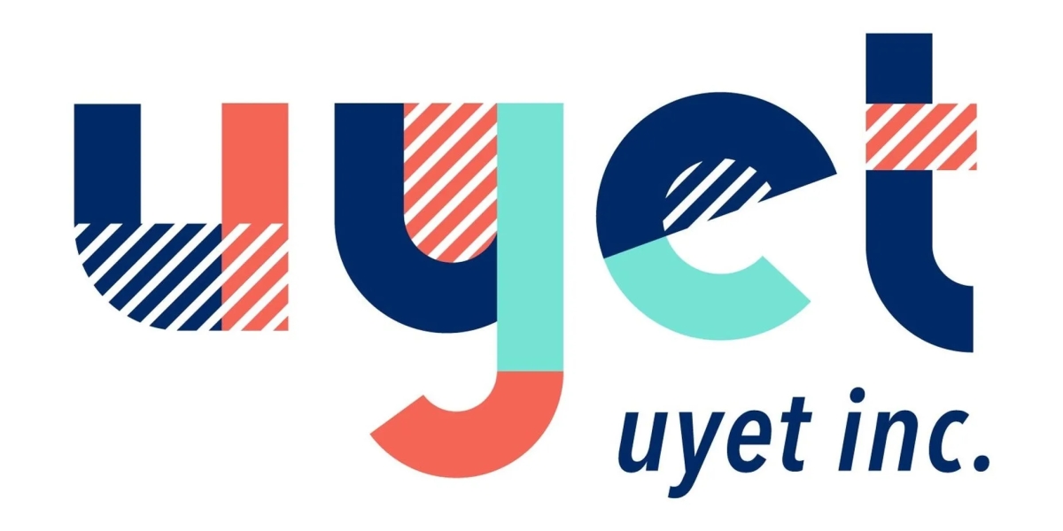 ロゴマークのデザイン。様々な色とパターンで「uyet」という文字が表現され、その下に「uyet inc.」と小さく書かれています。