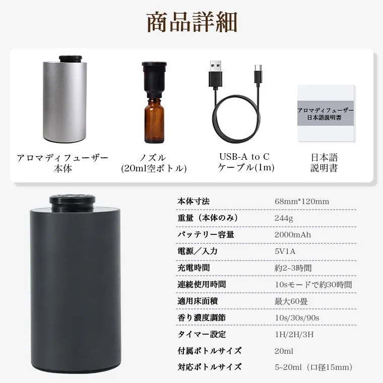 アロマディフューザーの製品詳細を示す画像。アロマディフューザー本体、ノズル、USB-A to Cケーブル、日本語説明書が写っている。製品の寸法、重量、バッテリー容量、電源/入力、充電時間、連続使用時間、適用床面積、香り濃度調節、タイマー設定、付属ボトルサイズ、対応ボトルサイズなどの情報も記載されている。