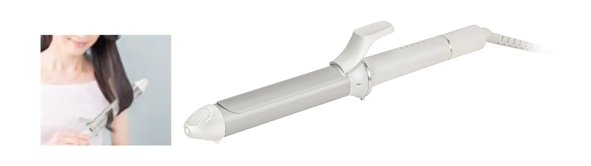 女性がヘアアイロンを使って髪をカールさせている様子と、ヘアアイロン単体の写真。