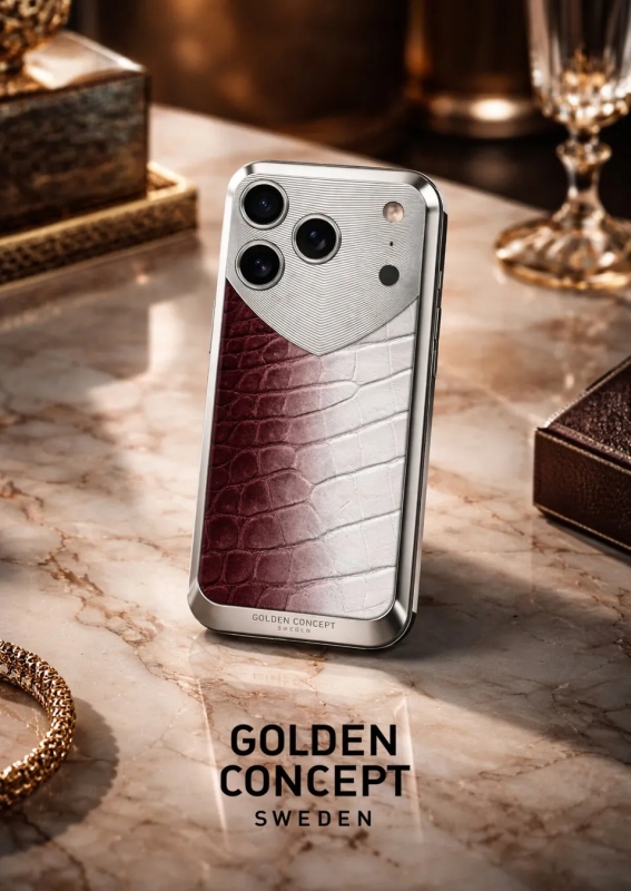 高級感あふれるクロコダイル柄のグラデーションデザインが特徴のスマートフォンケースが、大理石の台の上に置かれています。ブランド名「GOLDEN CONCEPT SWEDEN」が強調されており、豪華な雰囲気を醸し出しています。