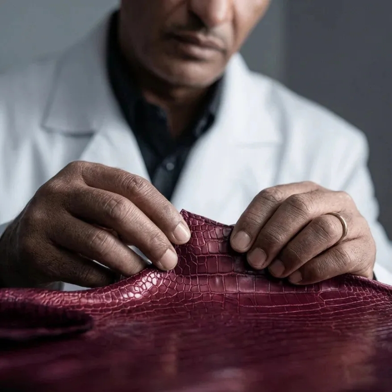 白い作業着を着た職人が、濃い赤色のクロコダイル革のような素材を両手で丁寧に確認している様子。素材の質感や細部に注意を払っていることがうかがえます。