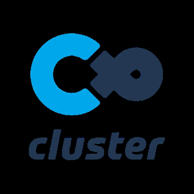 青と紺色の図形とテキスト「cluster」が配置された画像。