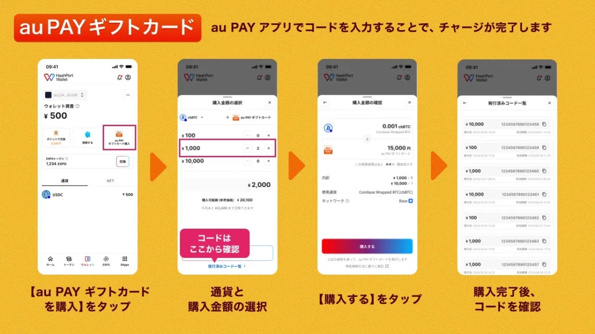 au PAY ギフトカード au PAY アプリでコードを入力することで、チャージが完了します