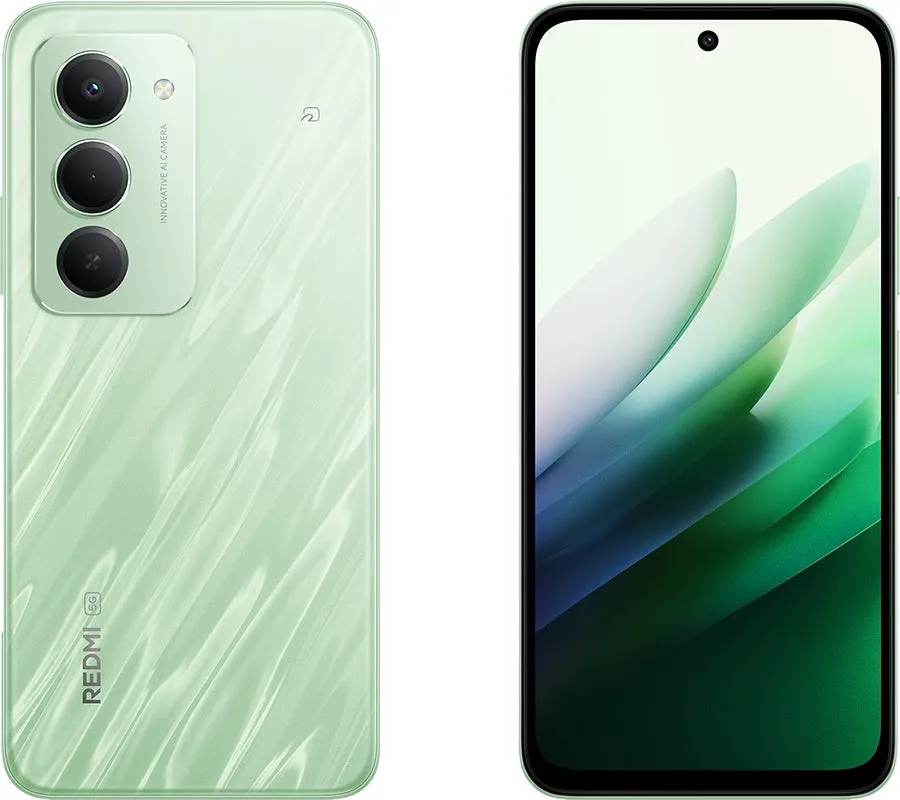 Redmi スマートフォンの画像です。背面には 3 つのカメラと AI カメラの文字が、前面には画面とカメラが写っています。