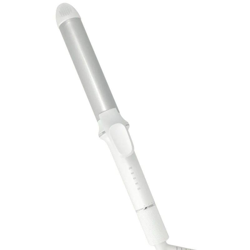 白とシルバーのヘアカーラーのクローズアップ写真。カーラーは白く、加熱設定を示す数字が記載されています。