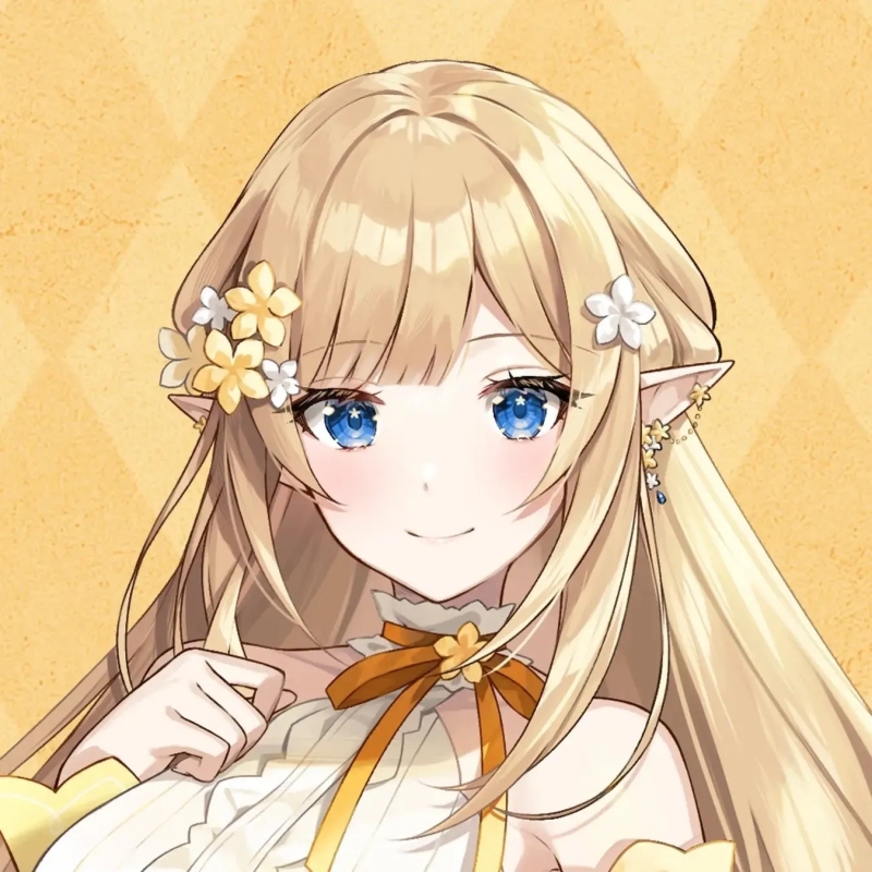 金髪の長い髪と青い目をした、花で飾られた美少女のイラストです。