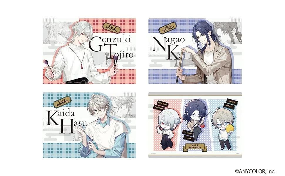 VALZ ROUND1のキャラクターである弦月藤士郎、長尾景、甲斐田晴、不破湊のイラストがデザインされたB4プラマット。
