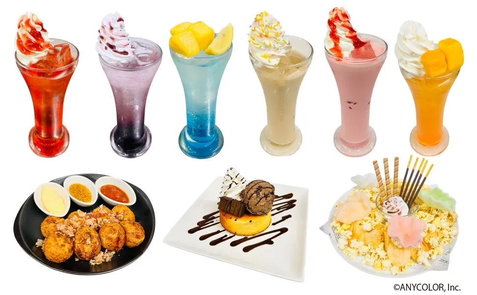 カラフルなドリンクやたこ焼き、ケーキ、ポップコーンなど、コラボをイメージさせるデザートとドリンクが並んでいます。