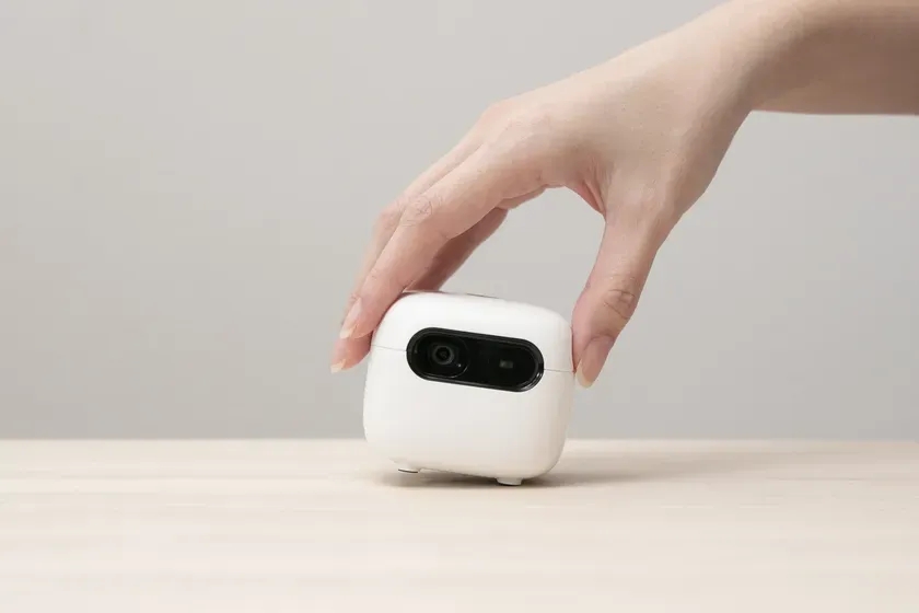 白いデバイスを手に持っている様子