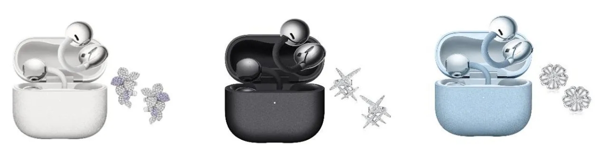 3色のワイヤレスイヤホンとイヤリングの画像