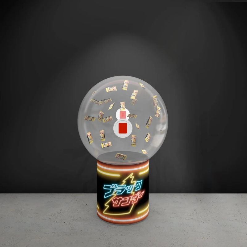 ブラックサンダーのガチャガチャのイラストです。ガチャガチャの中にはブラックサンダーのカードが入っており、ネオンライトで装飾されています。