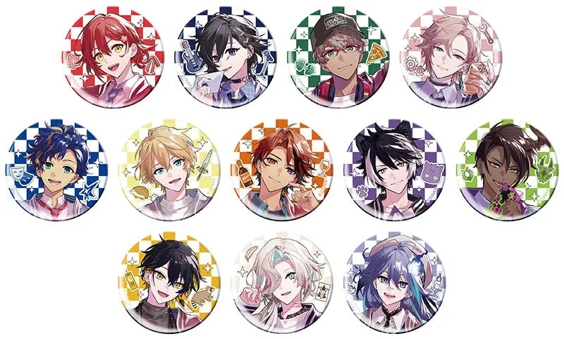 キャラクターが描かれた缶バッジの画像です。様々なキャラクターが円形のデザインに描かれており、それぞれ異なる服装やアクセサリーを身につけています。