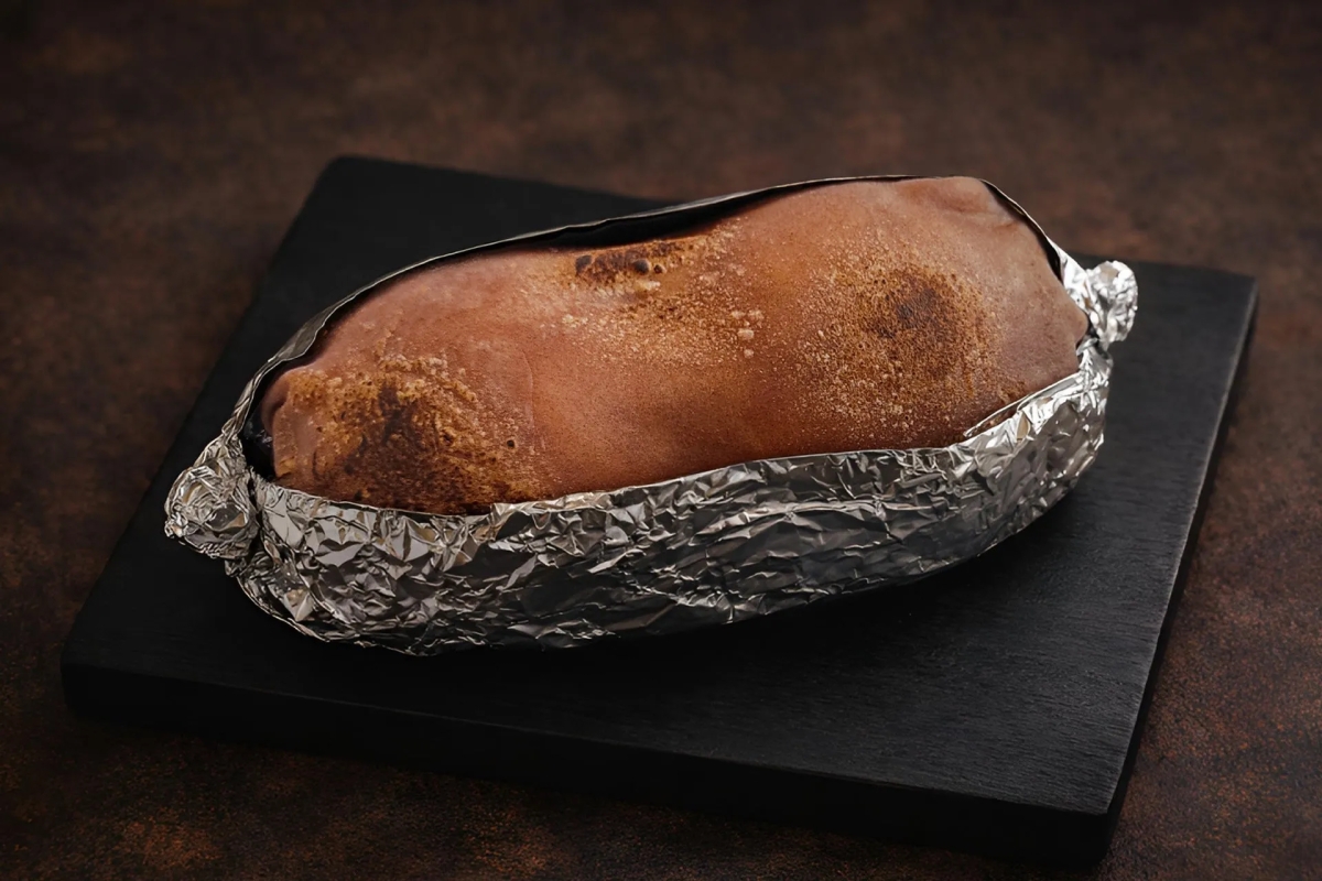 アルミホイルに包まれた焼き芋が黒い木の板の上に置かれています。背景は焦げ茶色です。
