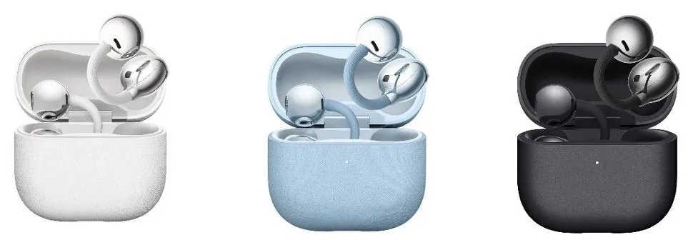 3色のワイヤレスイヤホンの写真です。白、水色、黒のイヤホンが、それぞれの充電ケースに入っています。