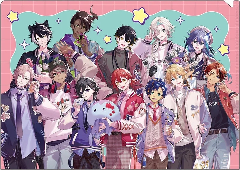 13人のアニメ風の男性キャラクターが描かれたイラスト。それぞれ異なる髪色と服装をしており、背景はピンクと水色のチェック模様。