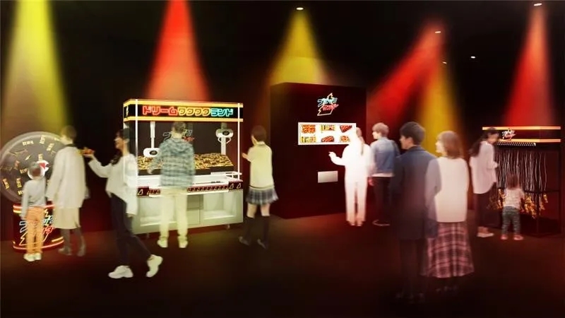 様々なゲーム機や遊具が設置された屋内施設で遊ぶ人々の様子。