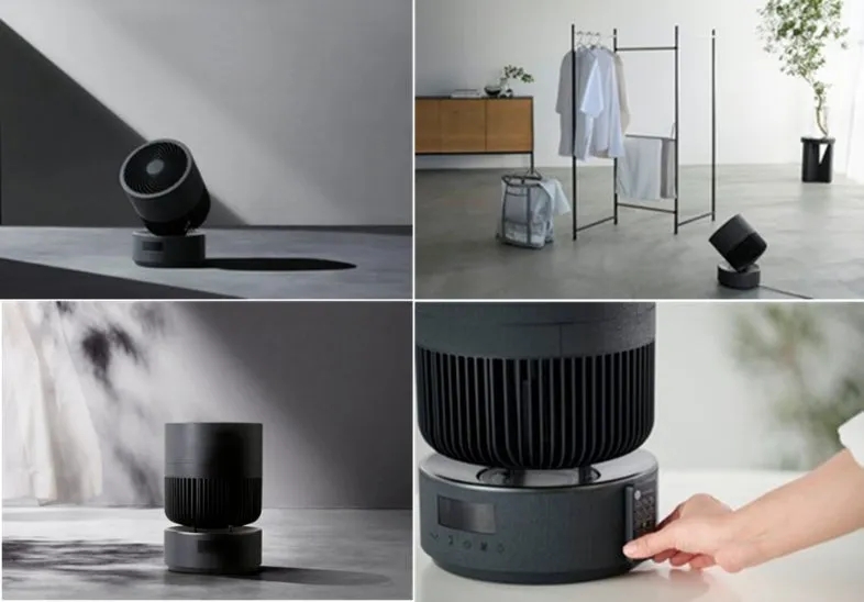 空気清浄機と、部屋のインテリアが写った写真。空気清浄機は黒色で、様々な角度から撮影されている。背景には、ハンガーラックや観葉植物、白い壁などがあり、シンプルで洗練された印象を与える。