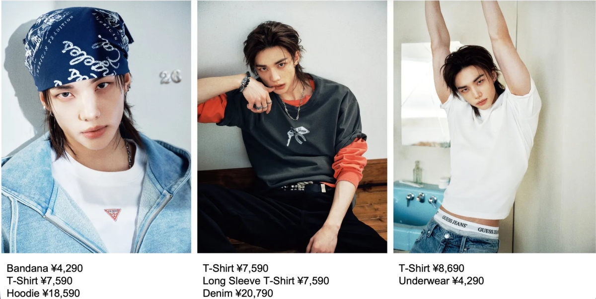 男性モデルが様々なファッションアイテムを着用している写真です。バンダナ、Tシャツ、パーカー、長袖Tシャツ、デニム、下着など、様々なアイテムを身につけています。