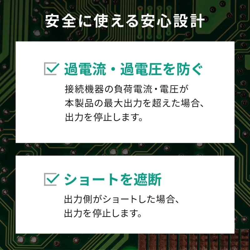 本画像は、製品の安全設計について説明しています。過電流・過電圧を防ぐ機能と、ショート時に出力を停止する機能が紹介されており、安心して使える製品であることをアピールしています。背景には回路基板が描かれています。