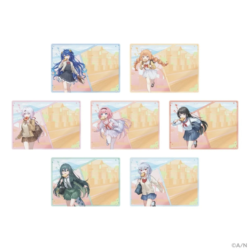 7枚のイラストが並んだ画像。それぞれ異なる髪型と服装の女性が描かれており、背景には街並みが描かれています。女性たちは何かを食べている様子が描かれています。