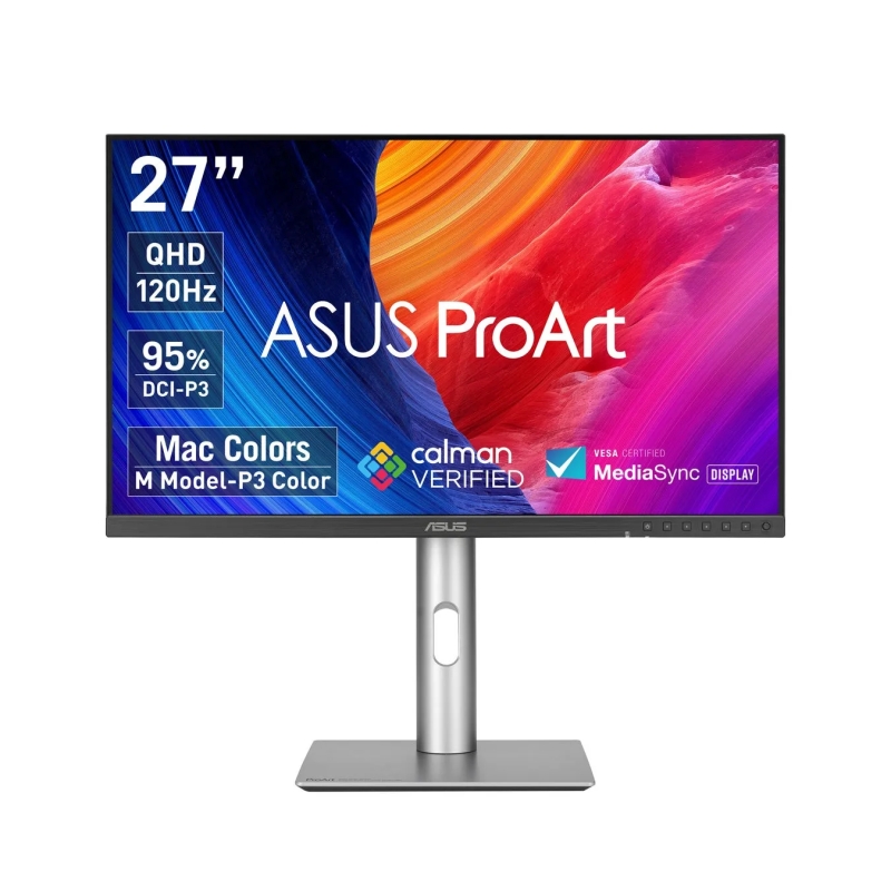ASUS ProArtモニターの画像。画面サイズは27インチ、QHD解像度、120Hzのリフレッシュレート、95% DCI-P3の色域に対応しています。