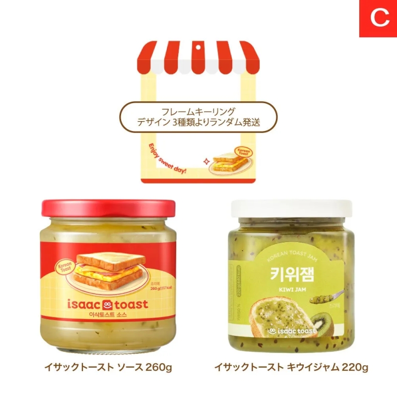 イサックトーストのソースとキウイジャムの瓶の画像。上部にはフレームキーリングのイラストが配置されている。