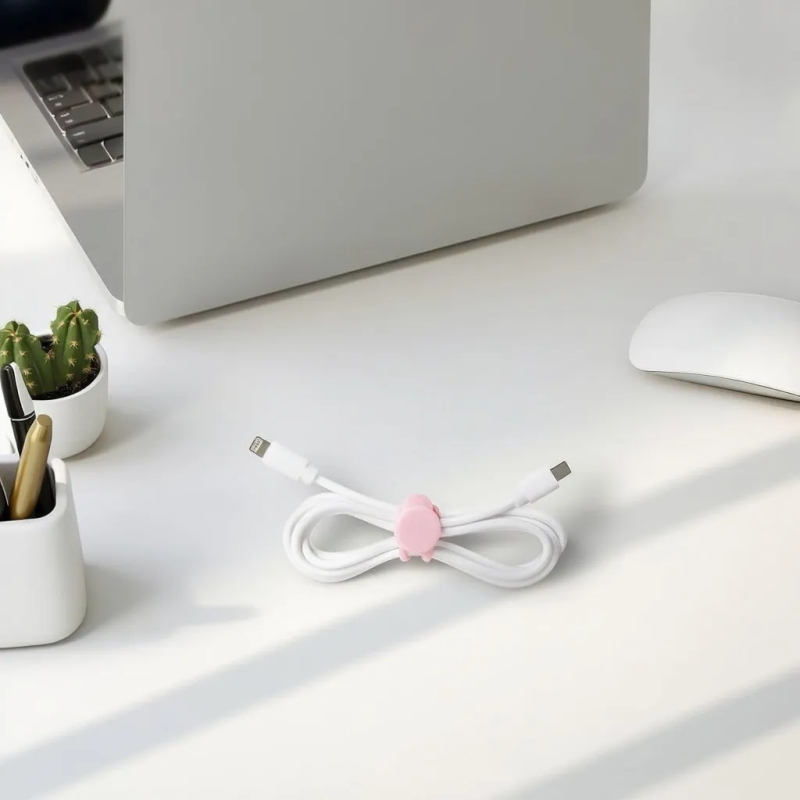 白いケーブルがピンクのケーブルホルダーでまとめられており、机の上に置かれています。パソコン、マウス、観葉植物、ペン立てなどの周辺アイテムも写っています。