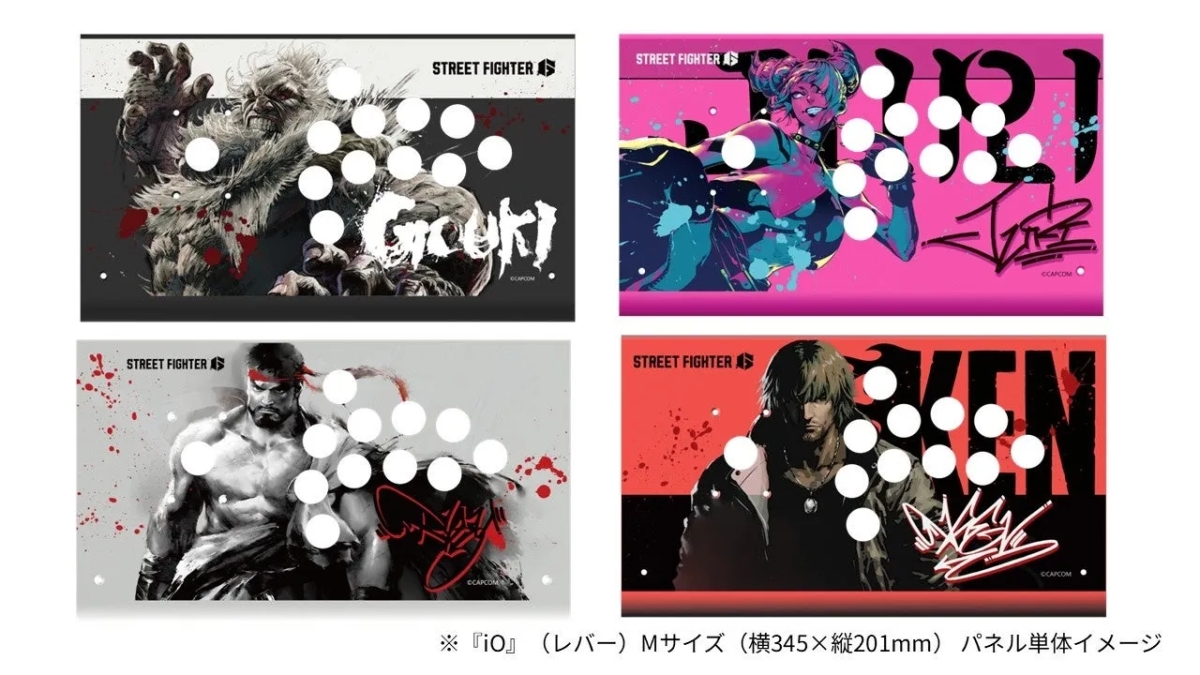 ストリートファイターのアーケードコントローラーのパネルイメージ。豪鬼、ジュリ、リュウ、ケンが描かれている。