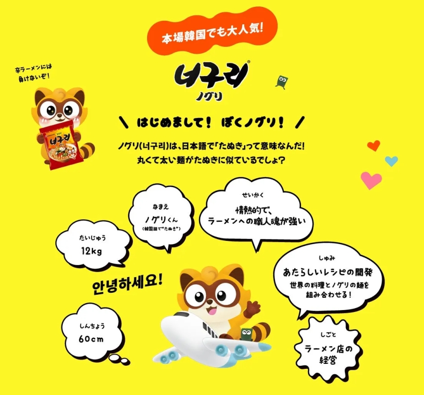 韓国の人気インスタントラーメン「ノグリ」のキャラクター「ノグリくん」を紹介するイラスト