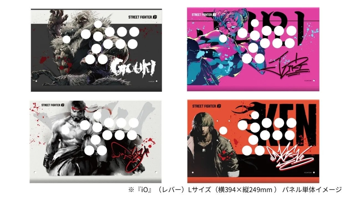 ストリートファイターのキャラクターが描かれた、ゲームコントローラーのパネルのイメージ画像です。豪鬼、ジュリ、リュウ、ケンがそれぞれ描かれている。