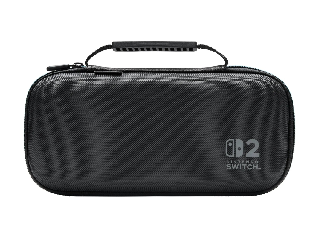 黒色のNintendo Switchのケース。ケースにはNintendo Switchのロゴが入っており、持ち手が付いている。
