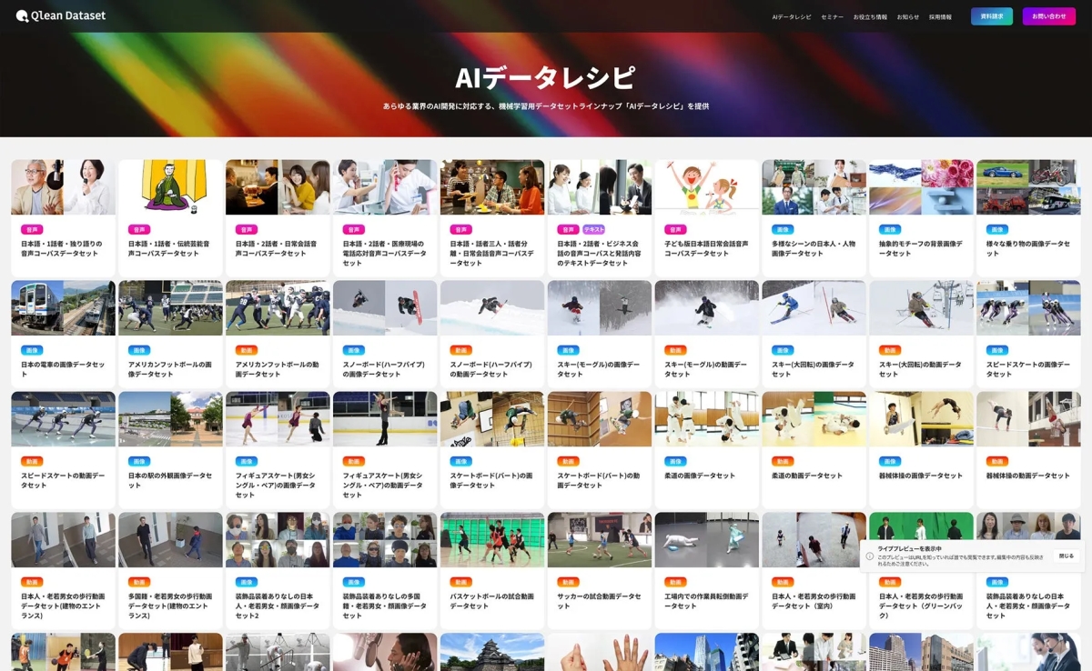 AIデータレシピの画像。様々なデータセットが表示