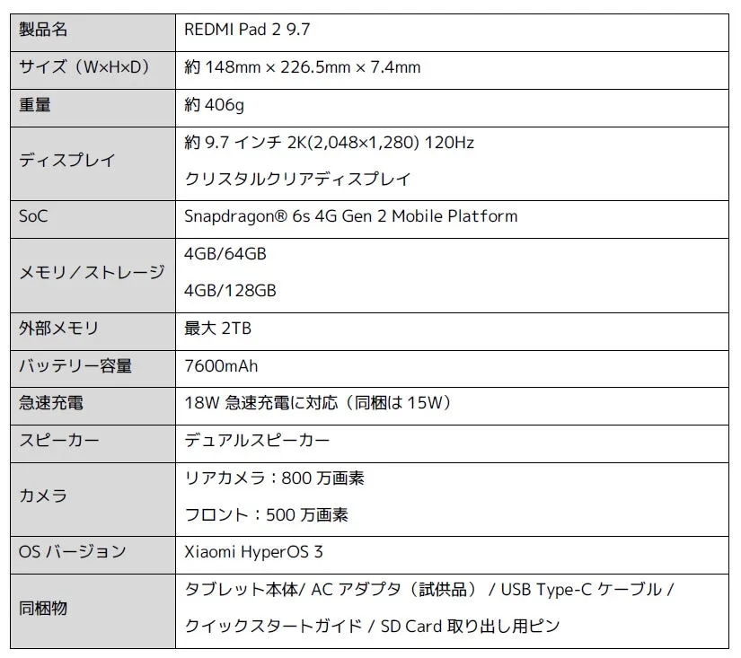 REDMI Pad 2 9.7 製品仕様