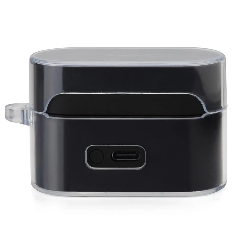 黒いイヤホンケース。透明なカバーが付いており、側面にボタンとUSB-Cポートが見える。