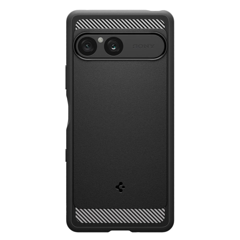 黒いスマートフォンケース。カメラレンズが2つあり、SONYのロゴが入っている。