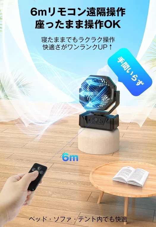 リモコン操作可能な扇風機の広告画像。6mの遠隔操作が可能で、ベッドやソファ、テント内でも快適に使用できることをアピールしています。