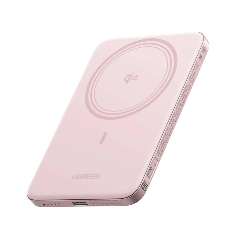 ピンク色のワイヤレス充電器。ブランド名はUgreenで、Qiマークと5000mAhの容量が記載されています。