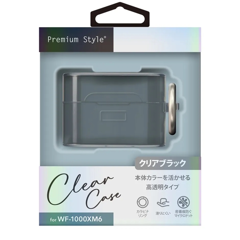 透明なケースがパッケージされた製品の写真。ケースはイヤホン用で、カラビナリングや滑り止め、マイクロドットなどの特徴が記載されている。