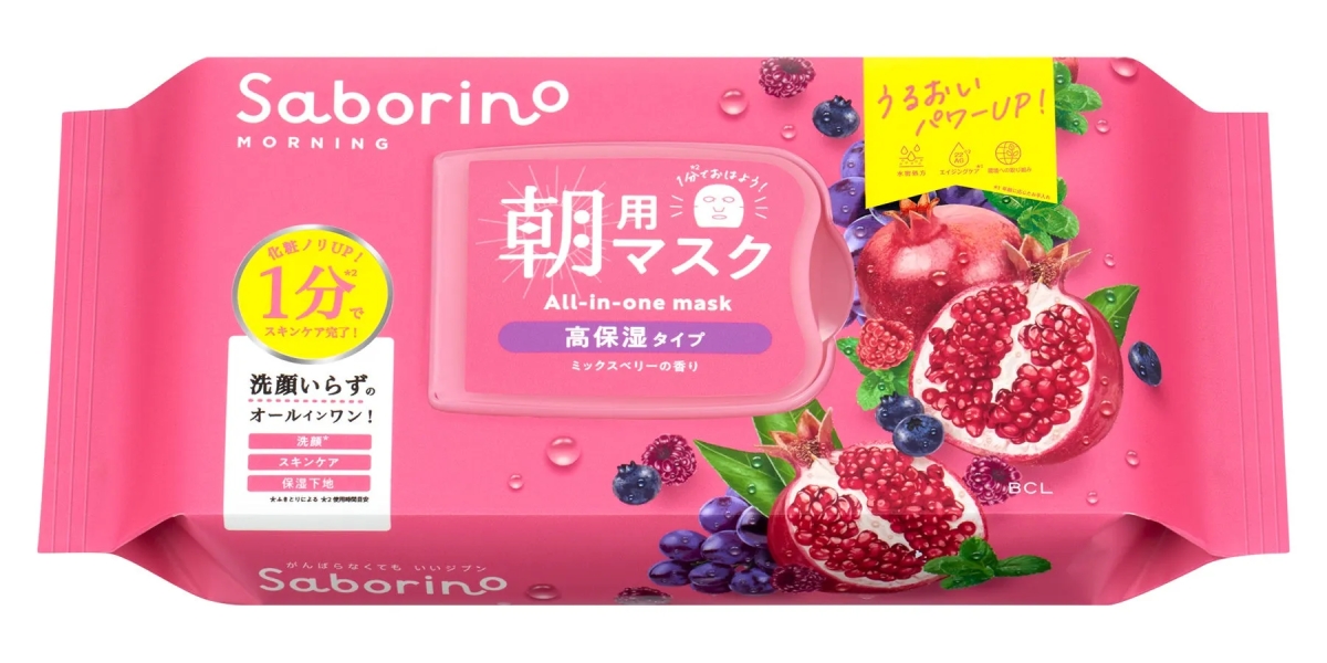 Saborinoの朝用マスクのパッケージ。ピンク色の背景に、ザクロやベリーのイラストが描かれ、洗顔、スキンケア、保湿下地が1分で完了するオールインワンマスクであることをアピールしている。